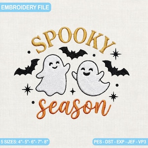 Diseño de bordado de temporada espeluznante, lindos fantasmas y murciélagos voladores, archivo de bordado a máquina de Halloween, patrón de aplique de temporada espeluznante, archivo PES DST