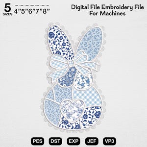 Chinoiserie Bunny Applique Embroidery Design, Blue and White Easter Rabbit, Preppy Faux Lace Patchwork Bunny, Grandmillennial Spring Decor