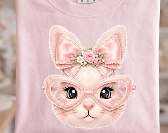 Coquette Bunny PNG, Pink Bow Bunny with Glasses, Cute Easter Bunny Shirt Design, Girly Pastel Bunny PNG, Sublimation File