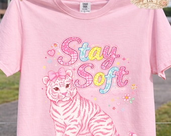 Stay Soft PNG – Coquette Pink Tiger Patchwork Design – Girly Aesthetic Bow Tiger Shirt – Cute Feminine Sublimation File