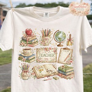 Teacher Patchwork PNG, Cottagecore Teacher Desk Design, Vintage Floral Teacher Gift, Bookish Teacher Era, Sublimation DTF Shirt File