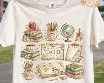 Teacher Patchwork PNG, Cottagecore Teacher Desk Design, Vintage Floral Teacher Gift, Bookish Teacher Era, Sublimation DTF Shirt File