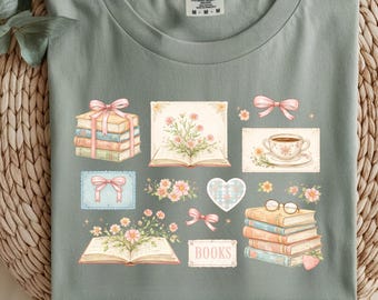 Bookish Girl PNG – Cottagecore Books & Tea Collage – Floral Vintage Reading Aesthetic – Cozy Reader Shirt Sublimation File