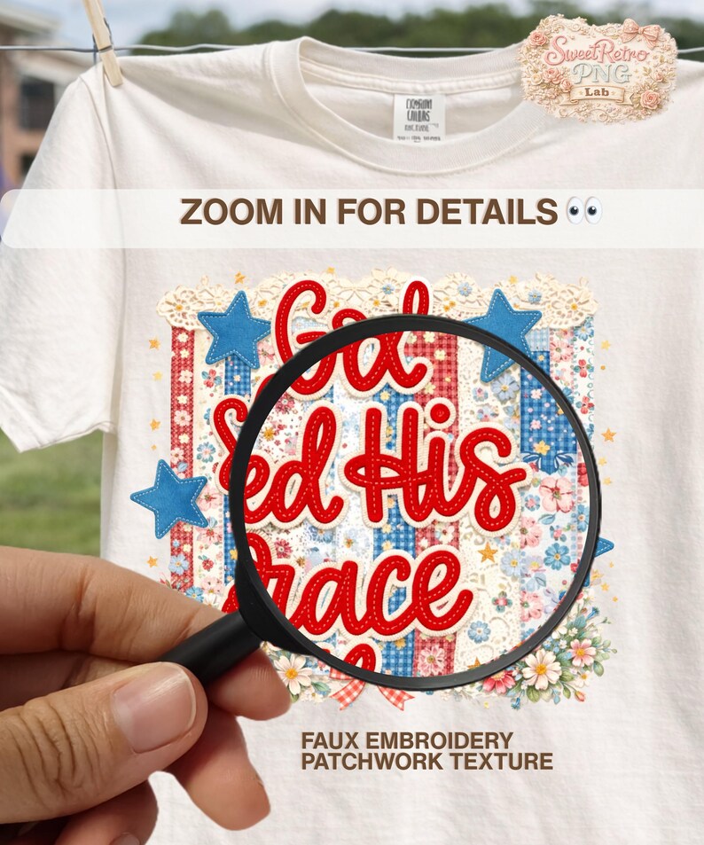 May include: A white t-shirt with a patriotic design. The design features the words "God Ed His Grace" in red script, blue stars, and a patchwork pattern. The text "Zoom in for details" is also visible.