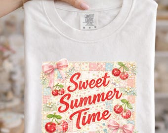 Cherry Coquette PNG Sweet Summer Time Shirt, Patchwork Floral Cherry Design, Cottagecore Sublimation DTF, Vintage Girly Summer Graphic