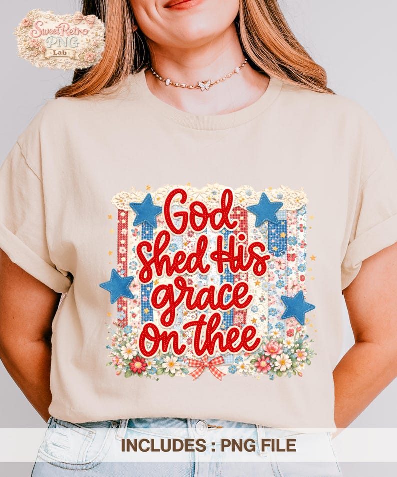 God Shed His Grace On Thee PNG, Patriotic Patchwork Floral Design, Coquette Americana, Vintage USA Shirt, Girly Memorial Day DTF image 6