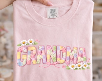 GRANDMA PNG – Patchwork Daisy Floral Shirt Design – Cute Cottagecore Embroidery Style – Pastel Spring Grandma Gift Sublimation
