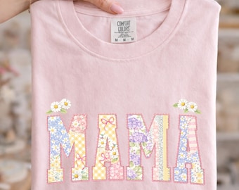Patchwork Floral Mama PNG – Cottagecore Daisy Varsity Shirt Design (Digital Download)