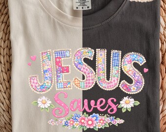 Jesus Saves PNG – Patchwork Floral Christian Faith Design (Digital Download)
