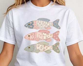 Patchwork Fish PNG, Cottagecore Fishing Design, Vintage Floral Quilt Fish Graphic, Preppy Summer Beach PNG, Sublimation DTF File