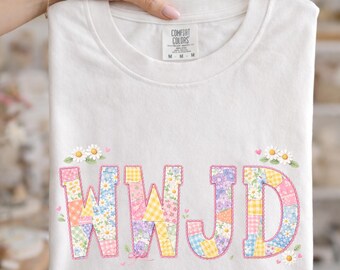 WWJD PNG – Patchwork Daisy Christian Shirt Design – Cottagecore Embroidery Faith Sublimation – Trendy Religious Graphic