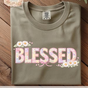 BLESSED PNG – Cute Christian Shirt Design – Pastel Patchwork Daisy Cottagecore Embroidery Faith Graphic
