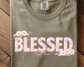 BLESSED PNG – Cute Christian Shirt Design – Pastel Patchwork Daisy Cottagecore Embroidery Faith Graphic