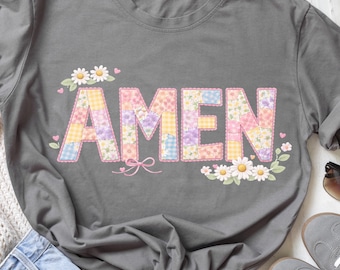 AMEN PNG – Christian Patchwork Daisy Shirt Design – Faith Cottagecore Embroidery Sublimation – Pastel Spring Floral