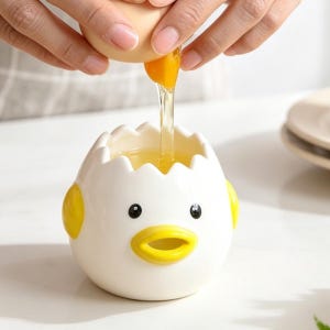 May include: A white ceramic egg separator in the shape of a chick with yellow accents. The yolk is being separated from the egg white and poured into the chick-shaped separator. The separator has black eyes and a yellow beak.