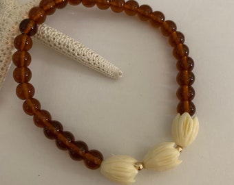 Pikake Collection - Dark Honey Glass Beads - Stretch Bracelet (#2583)