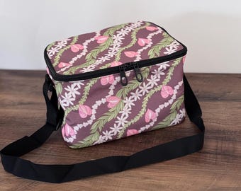 Hawaiian Print Lunch Box // Carrier // Insulated // Cooler // Brown Lei Anthurium Tiare Maile Pua Kalaunu
