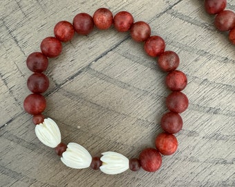 Pikake Collection - Pikake / Wood Bead - Stretch Bracelet (#2822)