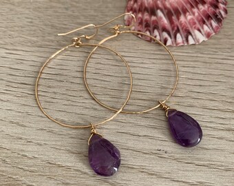 Purple Stone Drop // Gold Filled Hoops // Minimalist // #2355