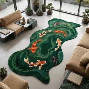 Tapete de lã irregular para lago com carpas koi, feito à mão, tapete japonês com carpas, tapete para jardim aquático, tapete zen para decoração de casa.