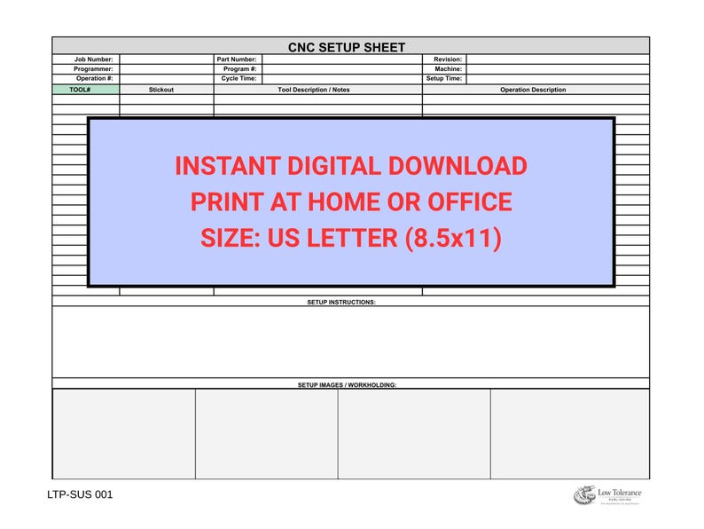 CNC Machine Setup Sheet Template | Tool List & Photo Space (PDF ...