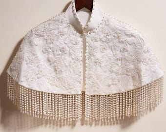 Bridal Pearl Cape With Beaded Fringe, Lace Wedding Capelet, Embroidered Bridal Cover Up For Bride Ceremony Look