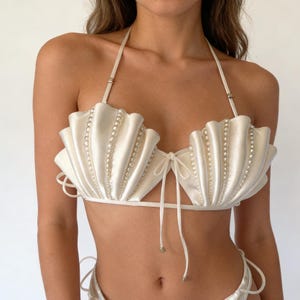 Handgemaakte Schelp Bruidslingerie, Fee Zeemeermin Stijl Ivoren Parel Bralette, Romantische Bruids Boudoir Top, Zeemeermin BH