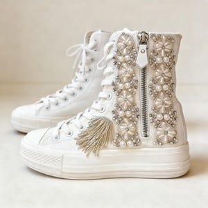 Heavy Hand-Beaded Pearl Bridal Sneakers | Platform Tassel Wedding Shoes, High Top Zipper Flats, Alternative Bride Party Boots