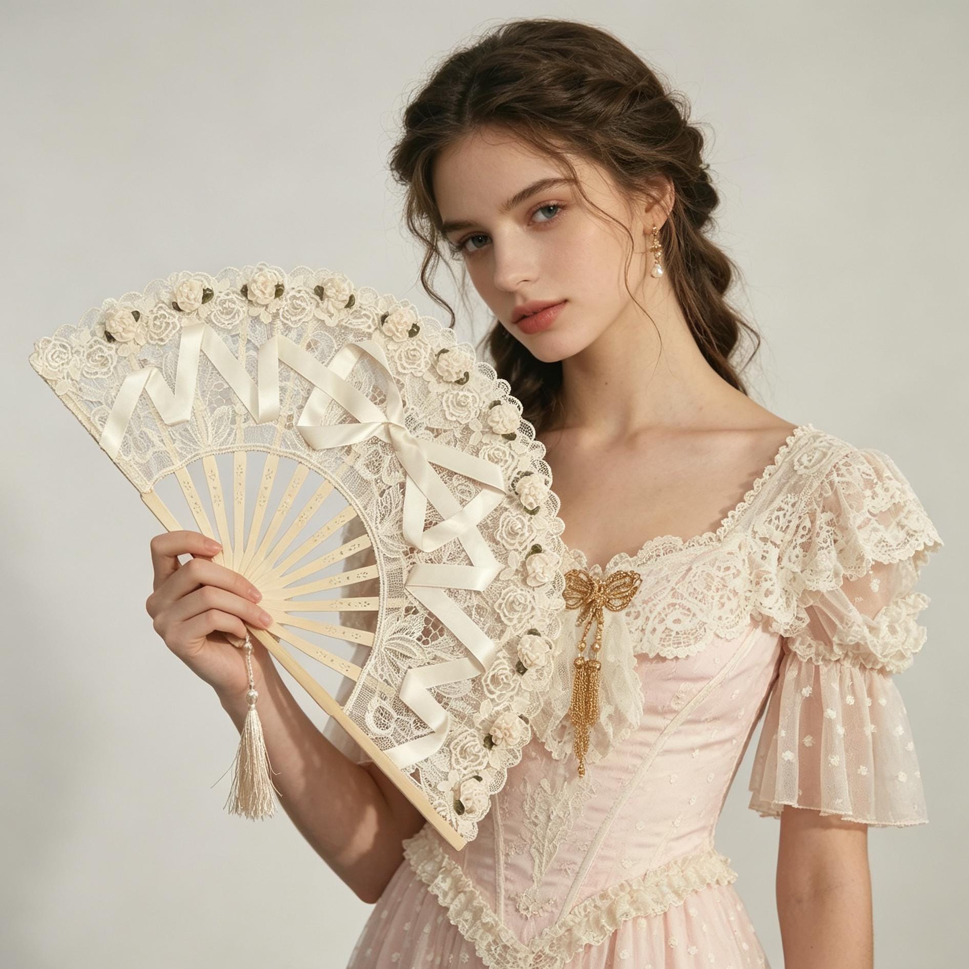 Handmade Lace Bridal Hand Fan With Satin Ribbon Wooden Folding Fan For Wedding Bride Vintage Romance