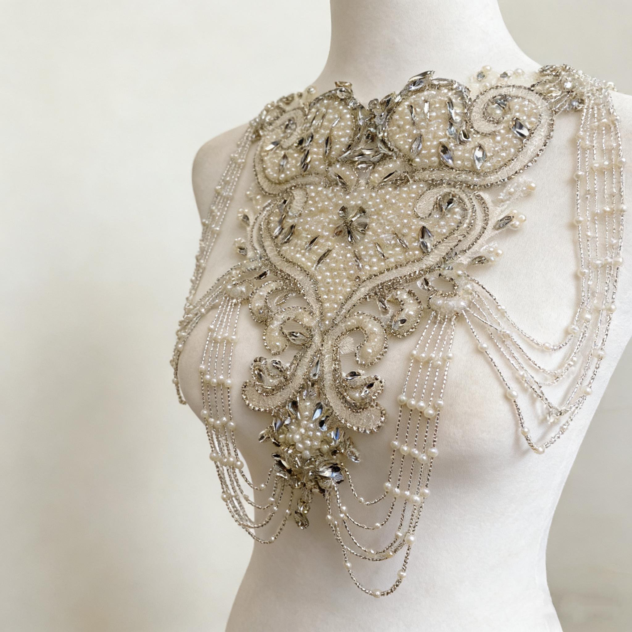 Hand Embroidered Pearl Wedding Cape, Bridal Shoulder Necklace, Romantic Crystal Beaded Body Jewelry for Party Dress, Luxe Bridal Shrug