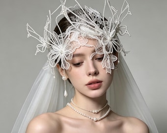 Cerchietto Sposa In Pizzo Con Perle Artificiali Accessorio Per Capelli Fatto A Mano Matrimonio