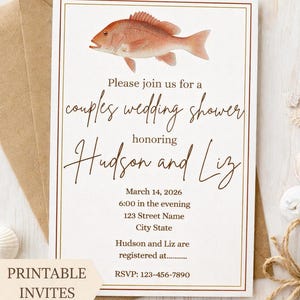 Pode incluir: Um convite para um chá de casamento com uma ilustração de pargo vermelho. O convite inclui o texto "Please join us for a couples wedding shower honoring Hudson and Liz." Os detalhes incluem a data, hora e informações de RSVP.