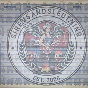May include: A light grey paper with a grid pattern and a central emblem. The emblem features a woman with wings, a firefighter's axe, and the text "SIRENS AND SLEUTNING EST. 2026". The background has train illustrations.