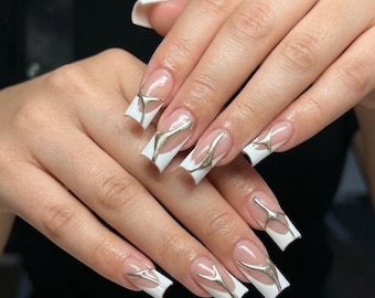Liquid 3D Silver Chrome White French | Square Y2K Fall Press Ons