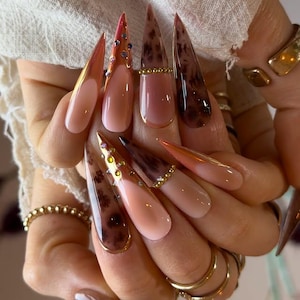 Puede incluir: Uñas acrílicas largas y puntiagudas en varios diseños. Algunas uñas son de color rosa nude con punta dorada, otras presentan un estampado de leopardo marrón y algunas están adornadas con pedrería. Las uñas son sostenidas por una mano con anillos dorados.