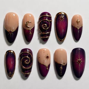 Dark Celestial Press On Nails Purple Gold Moon Star Fake Nails Mystic 3D Swirl Galaxy Witchy Nail Art Wedding Nails