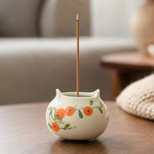 Hand-Painted Fruit Incense Burner Minimalist Bookshelf Decor, Persimmon Incense Holder,Relaxation Yoga Gift, Tiny Pottery Ash Catcher