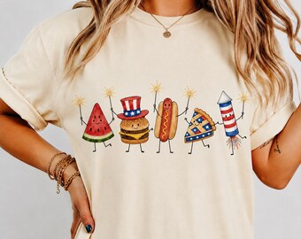 Comfort Colors Patriotic Shirt, Cute 4th of July Doodle Tee, American Flag Food Shirt, USA Summer BBQ Party Tee, Red White and Blue Top