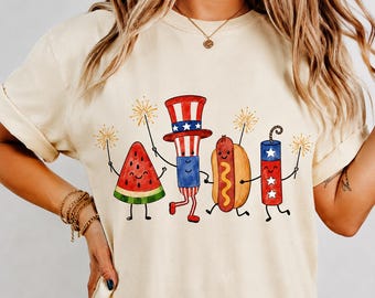 Patriotic Doodle Shirt, Comfort Colors Fourth of July Shirt, Cute Watermelon Hotdog Firework Tee, Retro USA BBQ Shirt, 4th of July Gift