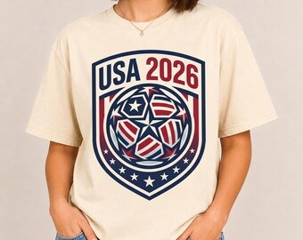 USA 2026 T-Shirt, Soccer Shield Graphic Tee, American Flag Soccer Ball Shirt, United States Football Fan Apparel, Sports Gift for Him Her