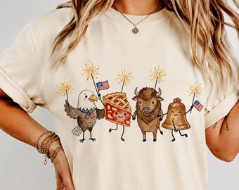 Comfort Colors Patriotic Shirt, Cute American Eagle Bison Liberty Bell Tee, Kawaii 4th of July Doodle Shirt, Vintage Red White and Blue