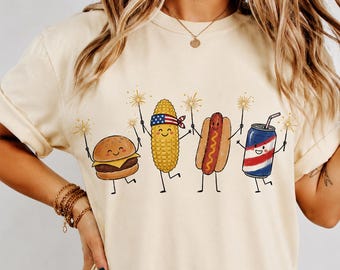 Retro Patriotic Graphic Tee, Cute Fourth of July Gift, USA Food Doodle Shirt, Summer Cookout T-shirt, Comfort Colors 1717, American Pride