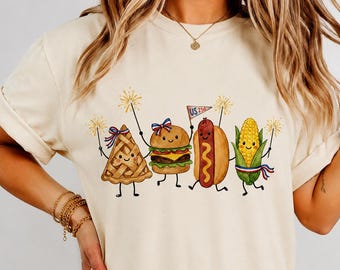 Vintage 4th of July Comfort Colors Shirt, Cute Americana Doodle Tee, Patriotic BBQ Party Shirt, US 250th Birthday, Kawaii Patriotic Food