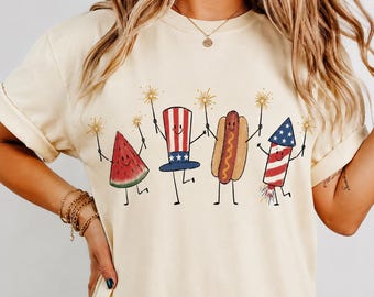 Comfort Colors Patriotic Doodle Shirt, Cute Fourth of July Watermelon Hotdog Firework Tee, Retro American BBQ Shirt, Independence Day Gift