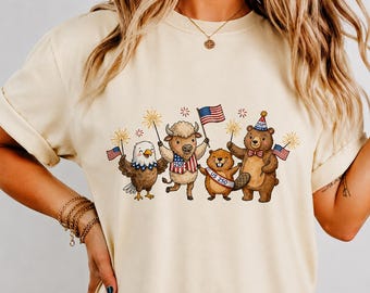 Patriotic Animals 4th of July Shirt, USA 250th Anniversary Tee, Comfort Colors Doodle Shirt, Eagle Bear Beaver Buffalo American Pride Tee