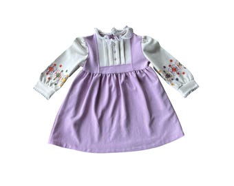 Vintage Lavender Girls Dress Floral Embroidered Sleeves Lace Collar Purple