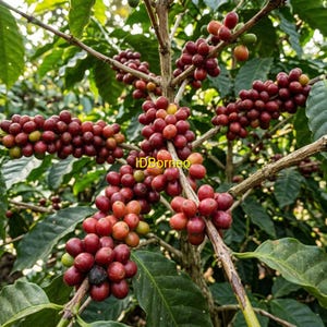 Op de afbeelding: Een tak van een koffieplant vol met trossen rijpe, dieprode koffiebessen en enkele groene, onrijpe bessen. De tekst IDBorneo is in het geel zichtbaar op de centrale stengel, omringd door donkergroene, glanzende, ovale bladeren.
