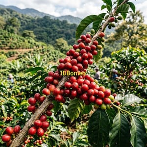 Puede incluir: Una rama de cafeto cargada de racimos de cerezas de café maduras de color rojo brillante y algunas verdes inmaduras, con hojas de color verde oscuro, brillantes y ovaladas. El texto IDBorneo es visible en amarillo en la rama central.