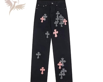 Cross Patch Jeans – Y2K Gothic Streetwear Denim Pants Unisex Baggy Vintage Jeans