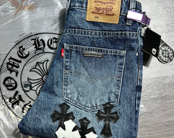 Jeans con croce ricamata – Pantaloni punk rock con croce ricamata – Pantaloni in denim unisex in stile vintage